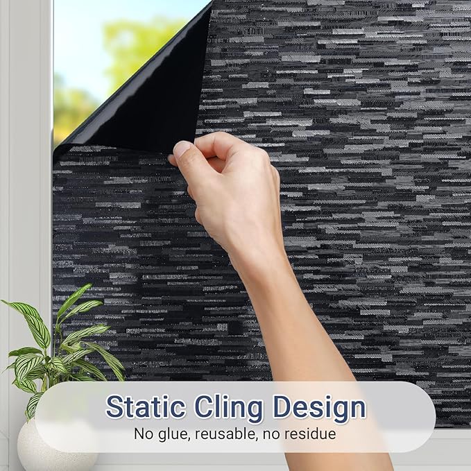 Haton Blackout Window Film, Black Out Window Cover, Sun Light Blocking Frosted Privacy for Glass Door, Heat Control Room Darkening Tint for Home Day Sleep, Non-Adhesive, Black 23.6" x 78.7"