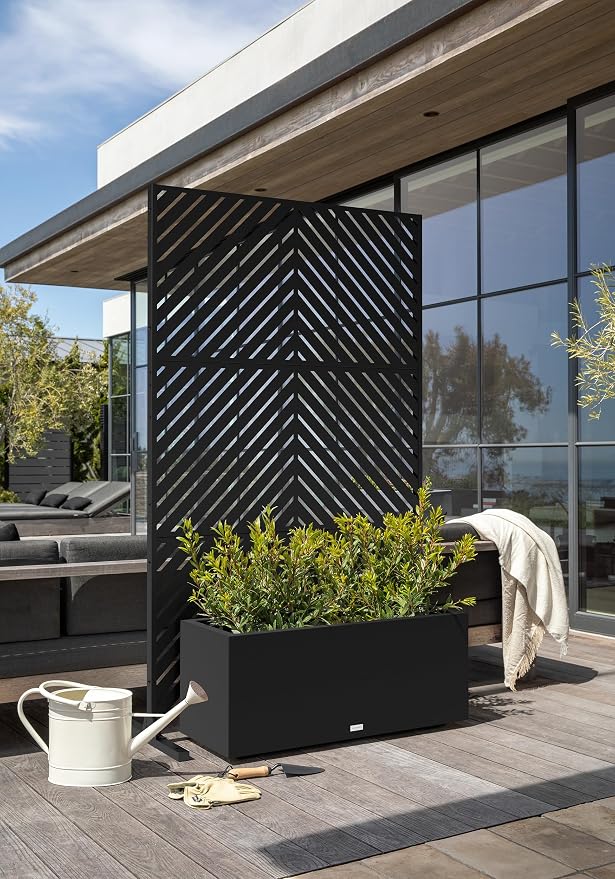 Veradek Block Series Long Box Planter + Arrow Privacy Screen Set, Black – Large Rectangular Outdoor Planter with Drainage & Modern Privacy Divider Panel for Patio, Deck, Balcony or Garden