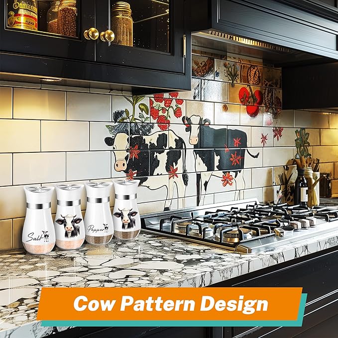 Cow Salt and Pepper Shakers Set,4 oz Glass Bottom Salt Pepper Shaker with Stainless Steel Lid Animal Decorations Country Kitchen Decor Farmhouse Gifts for Farmers(Cow)