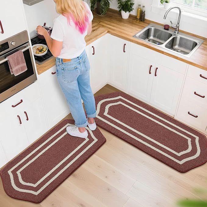 COSY HOMEER Long Kitchen Floor Mats for in Front of Sink Super Absorbent Kitchen Rugs and Mats 24"x48"+24"x59"Non-Skid Kitchen Mat Standing Mat Washable,Polypropylene,Red,Frame
