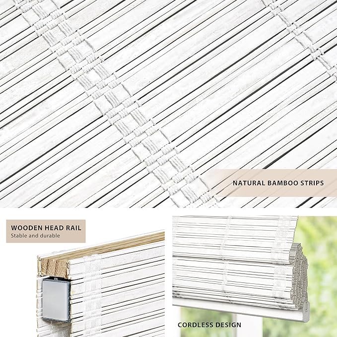 LazBlinds No Tools No Drill Cordless Bamboo Roman Shades, Light Filtering Window Treatment, Roll Up Bamboo Blinds for Windows 26.5'' W x 48'' H, Whitewash T