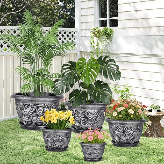 12-Inch -Plastic-Pots -For-Plant With Saucer, 4 Pack Outdoor Planters With Drainage Holes, Decorative Flower Pots For Indoor Plants, Modern 3D Swirl Silver Large Plant Pots With With Removable Tray