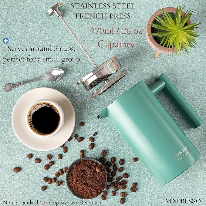 Mixpresso Green Stainless Steel French Press Coffee Maker 26 Oz 770 Ml, Double Wall Insulated French Press Stainless Steel, Easy Clean Tea Brewer, Easy Press Durable Metal Coffee Press