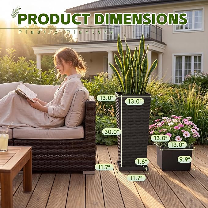 Devoko Resin Tall Planters for Outdoor Plants Set of 2, Large Taper Outdoor Planter Pots with 4 Drainage Holes, Flower Pots Modern Decor for Porch, Patio, Backyard, Garden(Brown, 30''with Trays)