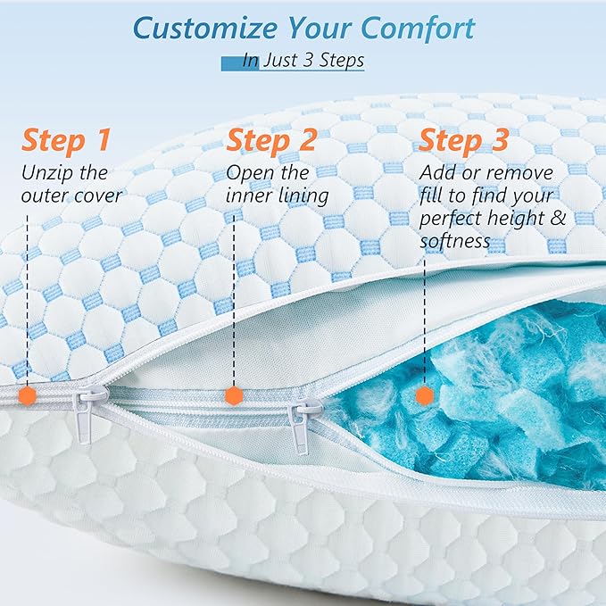 UYWO Cooling Firm Bed Pillows Set of 2, Shredded Memory Foam Pillows for Sleeping Luxury Gel Pillows for Side Back Stomach Sleepers with Removable Washable Cover(Blue, King(U.S. Standard))