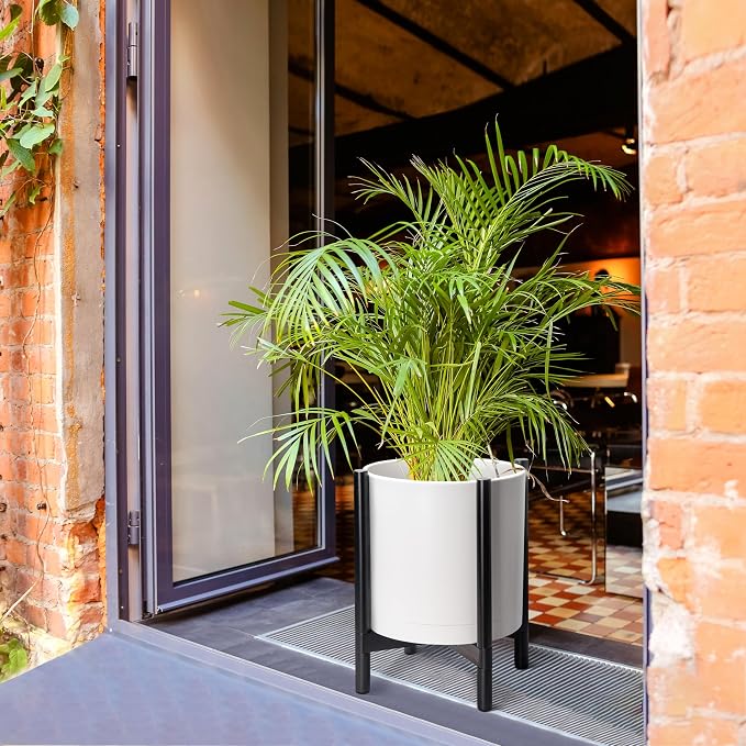 D'vine Dev Plastic Pot with Ebony Wood Stand, White, 16 in, 55-C-Z-1 | Mid-Century Inspired Design, Elevated Plant Display, Clean Lines, Sturdy Support, Modern Space-Saving Style