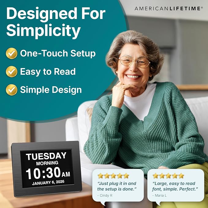 American Lifetime Large Digital Wall Clock for Seniors, Black Polished, 8-Inch High Resolution Display, Easy to Read, Customizable Alarms, Auto-Dimming, Multi-Language Support, Battery Backup