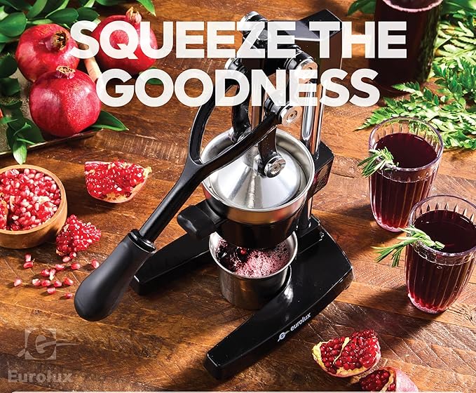 Eurolux Ultra-Premium Cast Iron Juicer | Extra-Large, Heavy Duty, Commercial Grade, Stainless Steel Manual Hand Press Citrus Squeezer For Fresh Orange Juice, Pomegranate, Lemon, and Much More (Black)