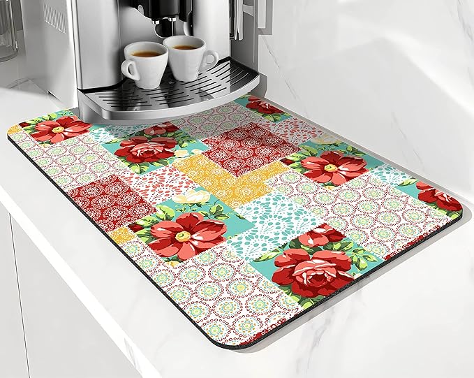 Coffee Bar Mat Accessories for Countertop Pioneer Flower Absorbent Hide Stain Rubber Backed Dish Drying Mats for Kitchen Counter Draining Pad Decor Gift Fit Under Coffee Maker (20x12in)