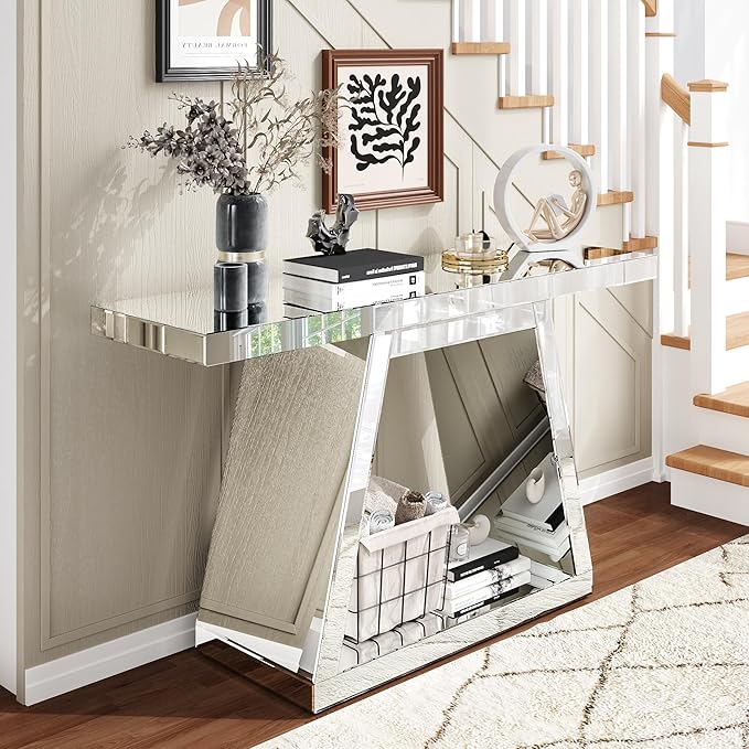 SSLine Mirror Console Table for Living Room 55" Modern Mirrored Entryway Table with Crystal Trapezoid Base Luxury Glass Foyer Tables for Entryway Hallway