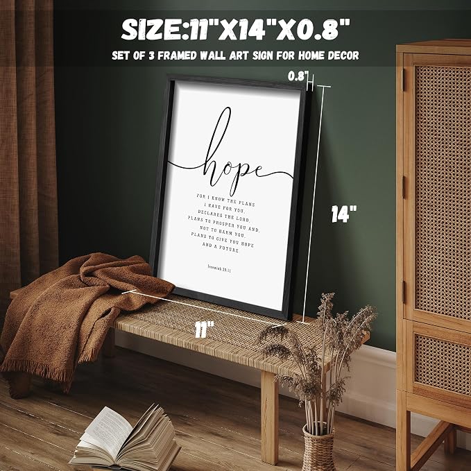 Houmury Set of 3 Framed Farmhouse Bible Verses Wall Decor Sign 11”x14” Christian Faith Scripture Wall Art for Home Living Room Bedroom Wall Decor (11"x14" Black)