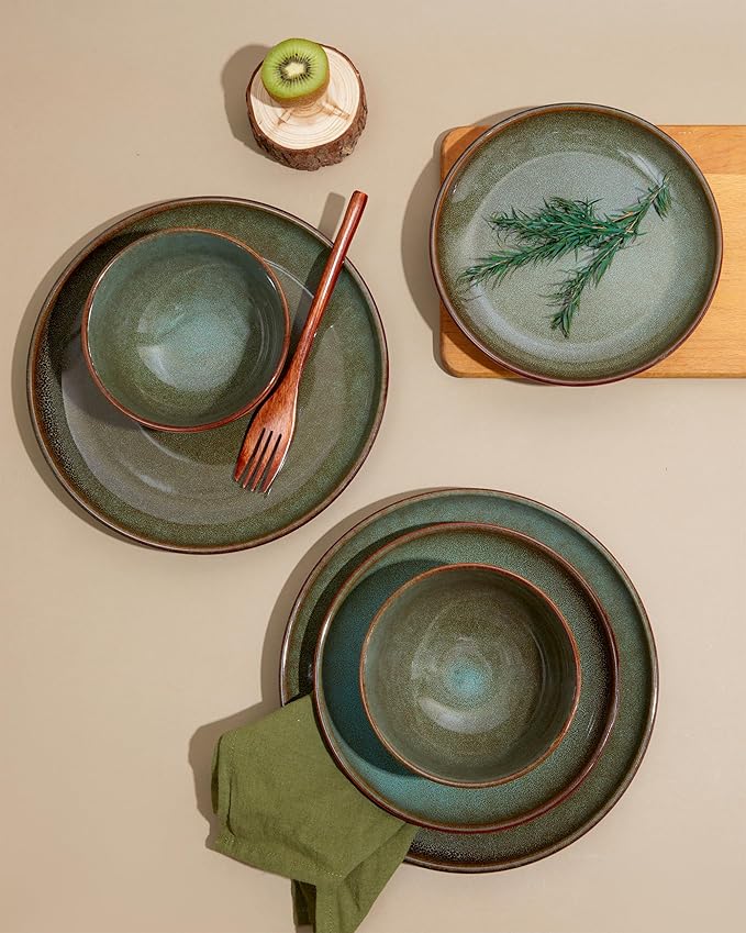 Pokini 24 Piece Dinnerware Sets for 8, Modern Stoneware Plates and Bowls Setst, Perfect for Family Gatherings & Holiday Celebrations, Easy Cleaning Dishes Set, Stack Compactly Dishware, Brown Green