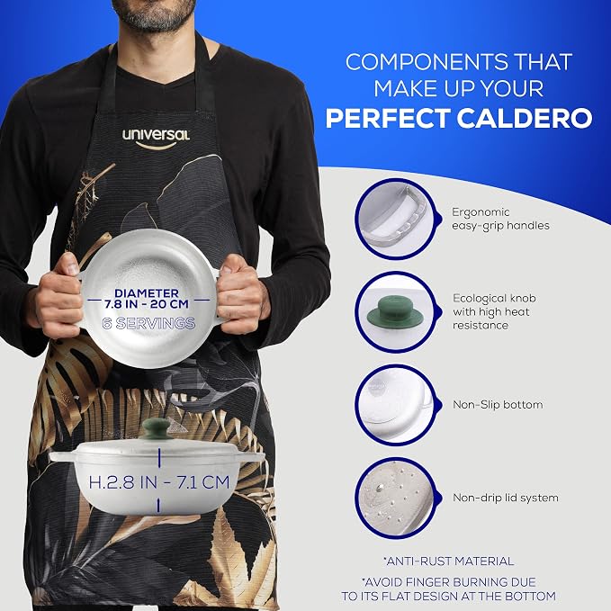 Universal (Extra Small) Caldero 6 Cups - 1.8 QT / 1.7 L, Stainless Aluminum Pot, Even Heat Distribution and Fast Cooking Dutch Oven Pot, Ergonomic Handles, Ideal for Rice, French Fries, and More