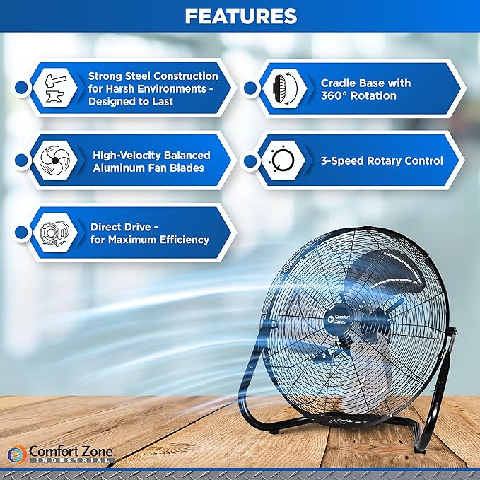 Comfort Zone Cradle Floor Fan, Electric, High-Velocity,180 Degree Adjustable Tilt, 18 inch, 3 Speed, Carry Handle, Rubber Feet, Metal, Airflow 19.36 ft/sec, Ideal for Garage or Workshop, CZHV18BK