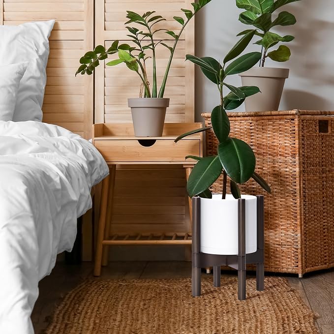 D'vine Dev Plastic Pot with Walnut Wood Stand, White, 8 in, 55-C-I-1 | Mid-Century Inspired Design, Elevated Plant Display, Clean Lines, Sturdy Support, Modern Space-Saving Style