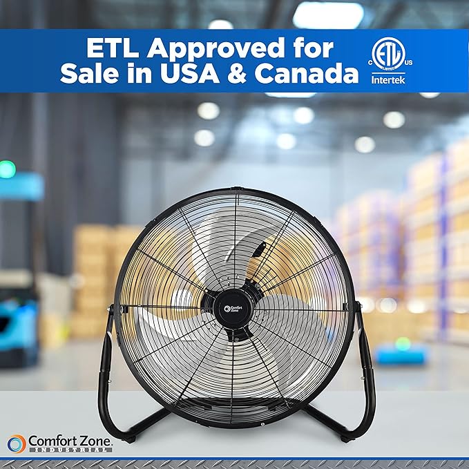 Comfort Zone Cradle Floor Fan, Electric, High-Velocity,180 Degree Adjustable Tilt, 18 inch, 3 Speed, Carry Handle, Rubber Feet, Metal, Airflow 19.36 ft/sec, Ideal for Garage or Workshop, CZHV18BK