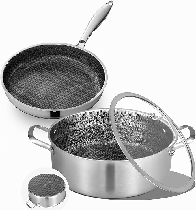 LOLYKITCH 7 QT & 12 Inch Ceramic Nonstick Cookware Set - Tri-Ply Stainless Steel Large Sauté Pan with Lid and Frying Pan - Oven & Dishwasher Safe, Detachable Handle, PFOA-Free, Induction Compatible