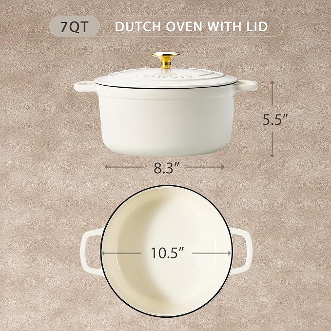 CAROTE 7QT White Enameled Cast Iron Dutch Oven Pot with Lid | Sourdough Bread Baking, Braising, Stews, Roasting, Healthy & Non-Toxic, Dual Handles, Oven Safe up to 500° F