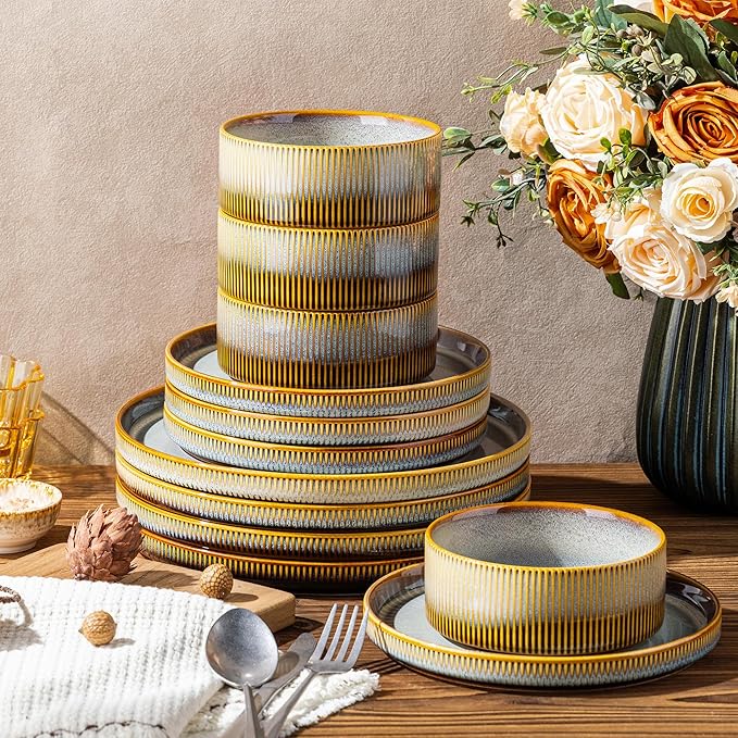 TheTerra Ceramic Dinnerware Sets for 4, 12 Pieces Porcelain Lightweight Plates and Bowls Sets, Scratch Resistant Dish Set, Oven & Microwave & Dishwasher Safe, Dusk Blue
