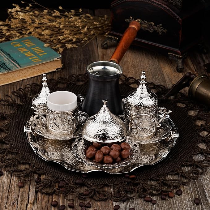 DEMMEX Turkish Greek Arabic Coffee Making and Serving Full Set with Cups Saucers Lids Sugar Bowl Tray and Copper Coffee Pot, Hand Decorated with Gold Crystals, 12 Pcs (Silver)