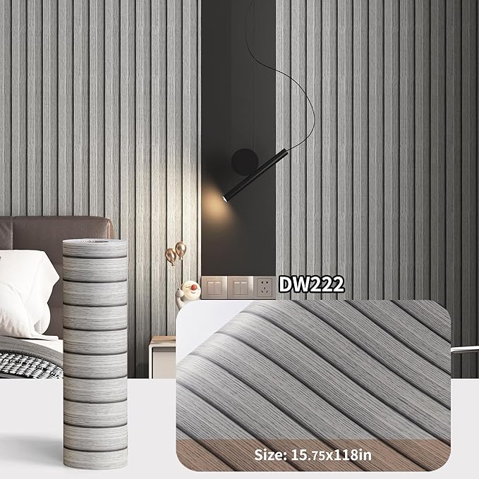 Haimin Wood Grain Slat Wall Panels Peel and Stick Faux Wood Thick Wallpaper 118"x15.75" Waterproof PET & IXPE Foam Paneling (Light Gray)
