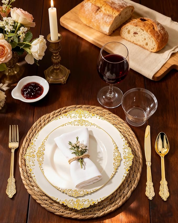 Nervure 350PCS Ivory Plastic Plates - Ivory Gold Plastic Dinnerware Sets for 50 Guests - 100 Gold Disposable Plates, 50 Pre Rolled Silverware Sets, 50 Cups Perfect for Wedding & Party & Mothers Day
