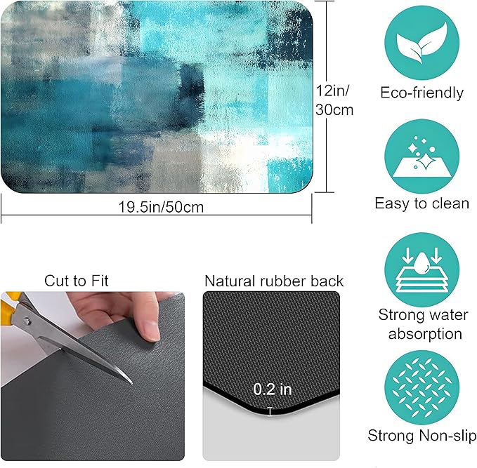 Coffee Bar Mat Accessories for Countertop Turquoise Abstract Art Absorbent Hide Stain Rubber Backed Dish Drying Mats for Kitchen Counter Draining Pad decor Gift Fit Under Coffee Maker (20x12in)