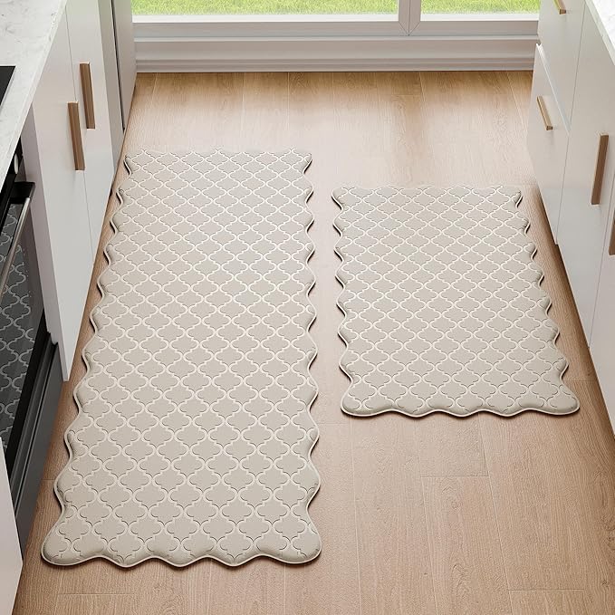 Arenarug Upgrade Scalloped Embossed Kitchen Mats for Floor 2PCS Cushioned Anti Fatigue Waterproof Foam Kitchen Rugs Non Slip Washable Comfort Standing Mat for Sink Laundry,17.3"x30"+17.3"x59",Khaki