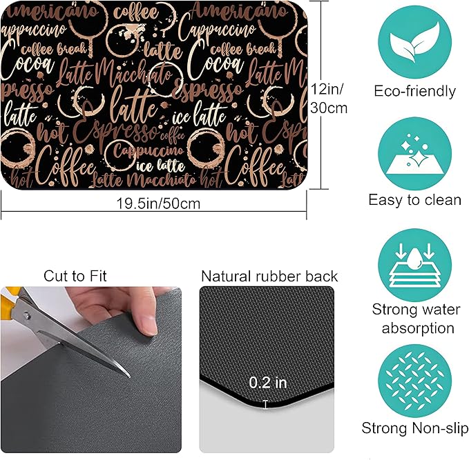 Coffee Bar Mat Accessories for Countertop Absorbent Hide Stain Rubber Backed Dish Drying Mats for Kitchen Counter Draining Pad Decor Gift (20x12in)