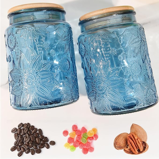 Custde Blue Vintage Glass Candy Jar with Airtight Bamboo Lid, 23.7oz Kitchen Storage Canister for Sugar, Coffee, Tea, Cookies, Bath Salt - Decorative Mason Jar for Pantry & Counter(Blue, 23.7 fl oz)