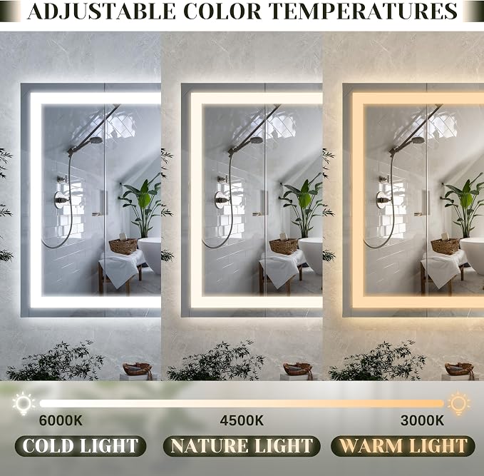 ROLOVE 32x 22 Inch Large Lighted Vanity Mirror with Dimmable 3 Modes, LED Makeup Mirror for Bathroom ＆ Dressing Room, Tabletop or Wall-Mounted, White
