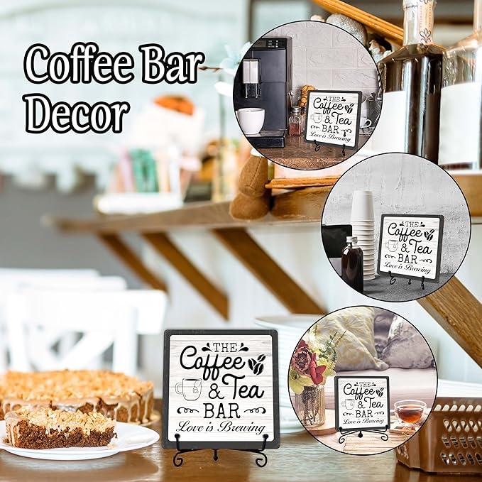 Coffee Bar Sign, Love is Brewing Farmhouse Tabletop Decor, Coffee and Tea Lover Gifts, 5x5 Wood Plaque with Iron Stand for Home Kitchen Cafe, Coffee Bar Decor – L08
