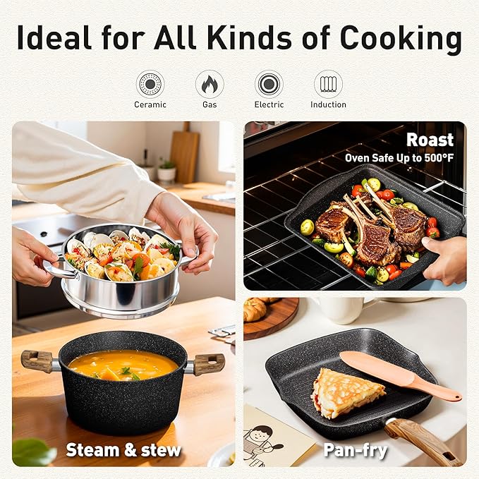 DishDelight 17Pcs Pots and Pans Set Non Stick, Granite Kitchen Cookware Sets, Induction Cooking Pan Set, Black