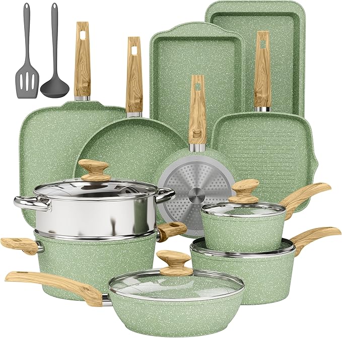 DishDelight 17Pcs Non Stick Pots and Pan Set, Granite Kitchen Cookware Sets, Induction Cooking Pans Set, Green