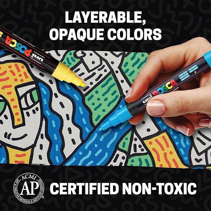 uni Posca Acrylic Paint Art Markers, Set of 12 Extra Fine Point Thin Paint Pens for Coloring Gifts, Fabric, Metal, Glass, Rocks, Wood and Canvas, Assorted Colors, PC1M12C