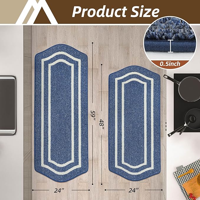 COSY HOMEER Long Kitchen Floor Mats for in Front of Sink Super Absorbent Kitchen Rugs and Mats 24"x48"+24"x59"Non-Skid Kitchen Mat Standing Mat Washable,Polypropylene,Blue,Frame