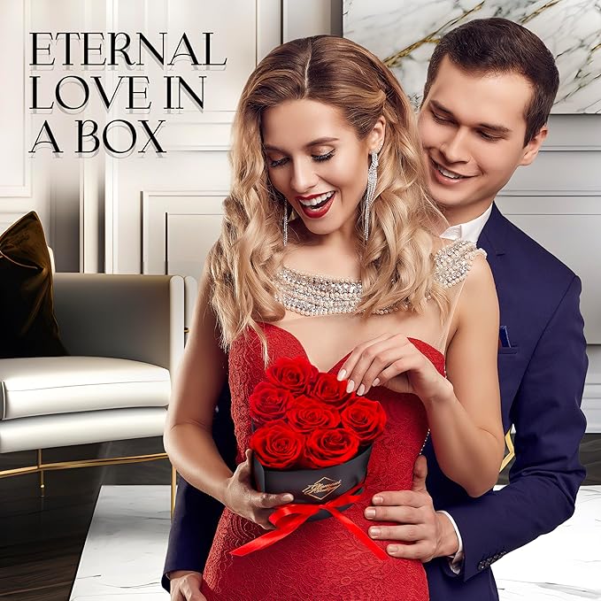 GLAMOUR BOUTIQUE 7 Flower Forever Heart Shape Box, for Mom, Eternal Preserved Roses Gift for Her, Long Lasting Flowers Bouquet, for Birthday, Anniversary and Girlfriend - Red