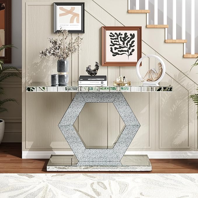 SSLine 2-Piece Set Mirrored Console Table with Wall Mirror, 55" Modern Mirror Entryway Table with Hexagon-Shape Base, Rectangle Crush Diamond Decor Mirror for Entryway Hallway