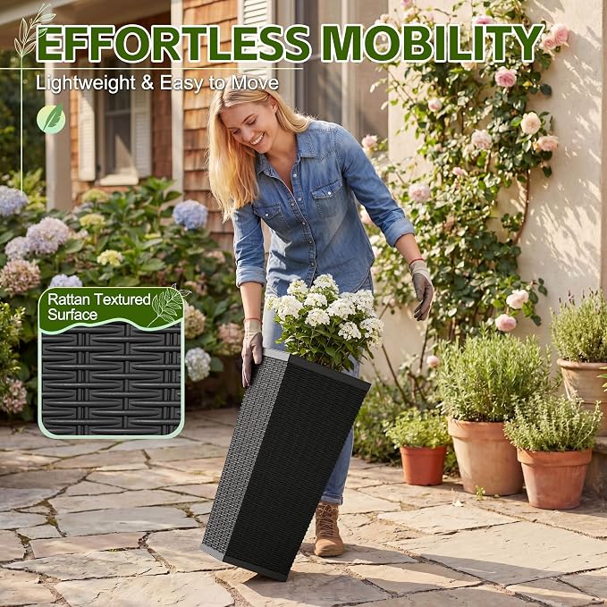 Devoko Resin Tall Planters for Outdoor Plants Set of 2, Large Taper Outdoor Planter Pots with 4 Drainage Holes, Flower Pots Modern Decor for Porch, Patio, Backyard, Home Garden (Black, 24'')