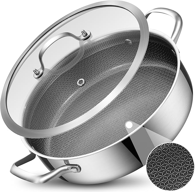LOLYKITCH 5 QT Hybrid Ceramic Non Stick Tri-Ply Stainless Steel Sauté Pan with Lid,12 Inch Jumbo Cooker,PFOA & PFOS Free,Induction Cooking Pot, Dishwasher and Oven Safe
