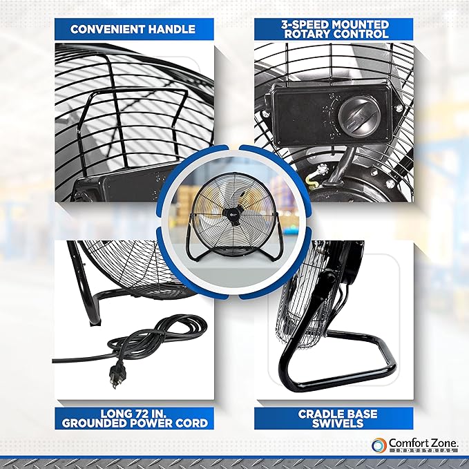 Comfort Zone Cradle Floor Fan, Electric, High-Velocity,180 Degree Adjustable Tilt, 18 inch, 3 Speed, Carry Handle, Rubber Feet, Metal, Airflow 19.36 ft/sec, Ideal for Garage or Workshop, CZHV18BK