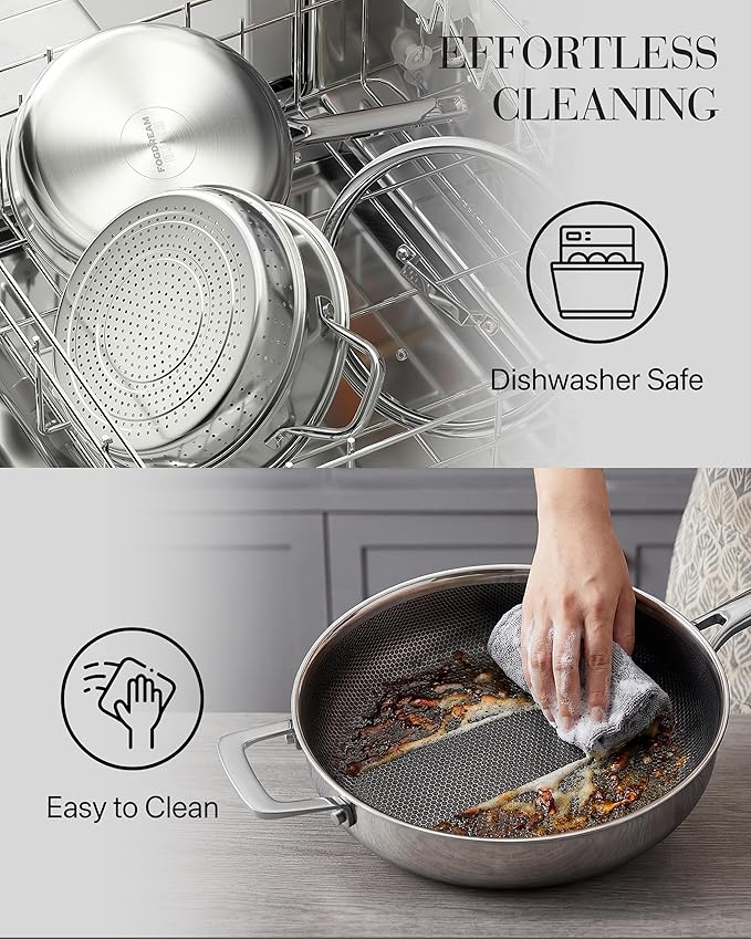 FogDream Titanium Non Stick Frying Pan, 10in Tri-Ply Stainless Steel Deep Saute Pan, All-in-One Cookware Set with Stainless Lid, Stay Cool Handle, Dishwasher & Oven-Safe,Induction Compatible,Silver