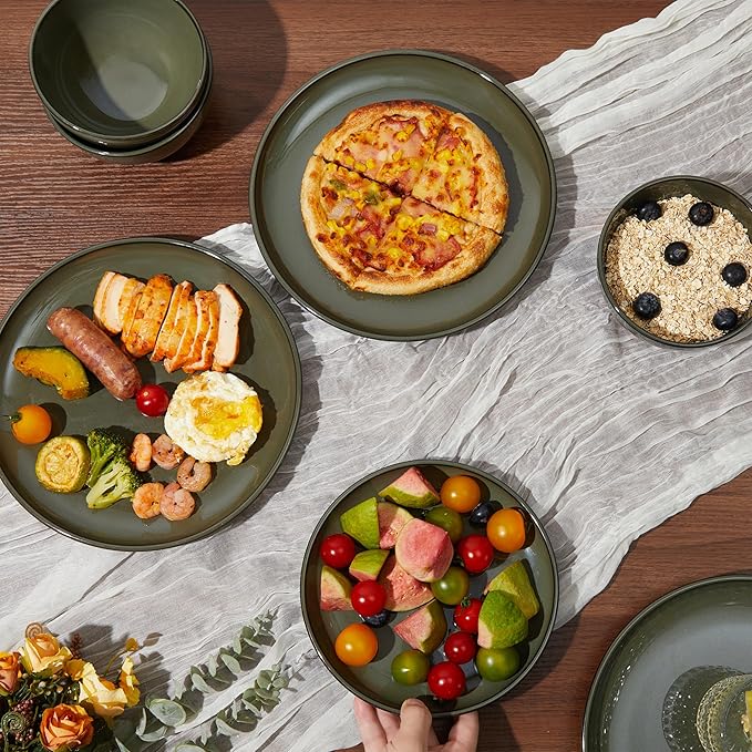 Pokini 24 Piece Dinnerware Set for 8, Santorini Mist Terracotta Plates and Bowls Sets, Complete Stoneware Dish Set for Large Families and Entertaining, Microwave & Dishwasher Safe, Blackish Green
