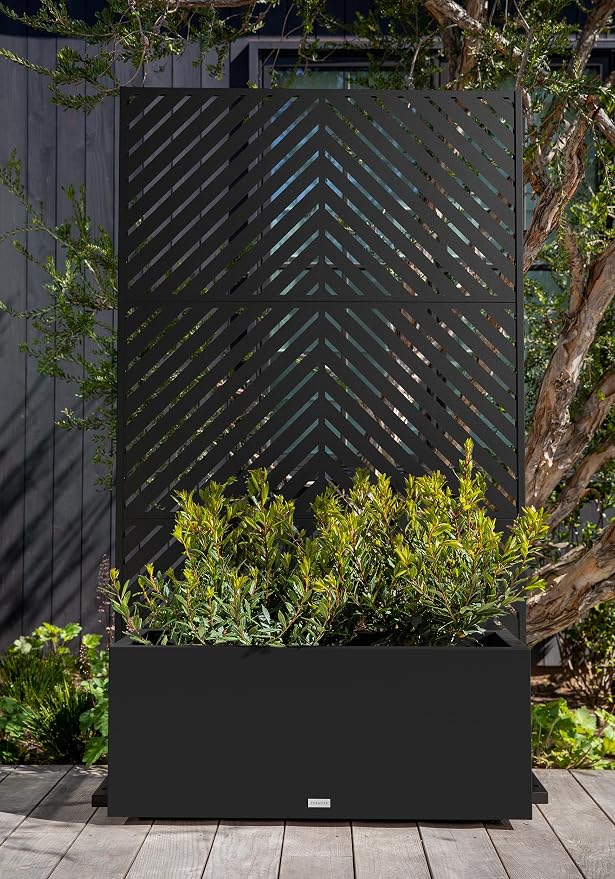Veradek Block Series Long Box Planter + Arrow Privacy Screen Set, Black – Large Rectangular Outdoor Planter with Drainage & Modern Privacy Divider Panel for Patio, Deck, Balcony or Garden