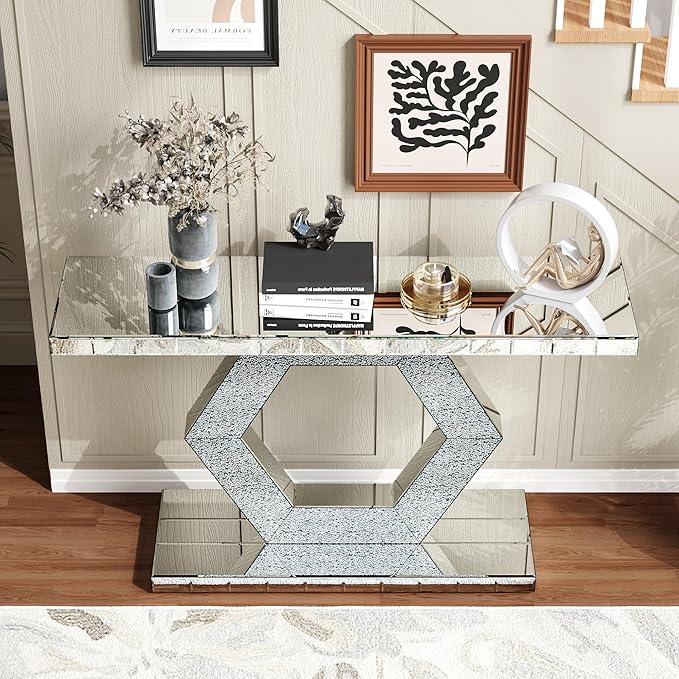 SSLine 2-Piece Set Mirrored Console Table with Wall Mirror, 55" Modern Mirror Entryway Table with Hexagon-Shape Base, Rectangle Crush Diamond Decor Mirror for Entryway Hallway