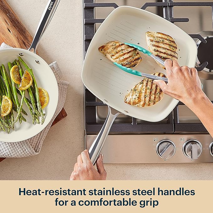 Pyrex 2-Piece Ceramic Cookware Grill & Fry Pan Set with Stainless Steel Handles, Healthy Nonstick Ceramic Coating, Induction Compatible Stainless Steel, PFAS Lead Cadmium BPA Free