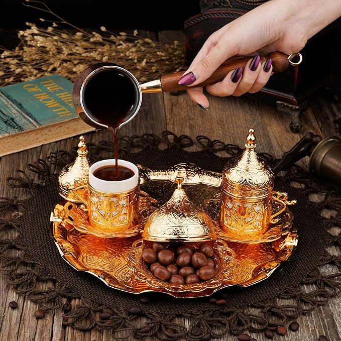 DEMMEX Turkish Greek Arabic Coffee Making and Serving Full Set with Cups Saucers Lids Sugar Bowl Tray and Copper Coffee Pot, Hand Decorated with Gold Crystals, 12 Pcs (Gold)