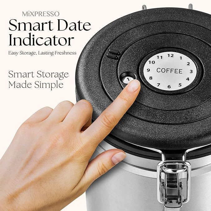 Mixpresso 16 Oz Stainless Steel Coffee Canister with Scoop and Window – Airtight Coffee Container with CO2 Valve for Bean Storage, Date Tracker Lid