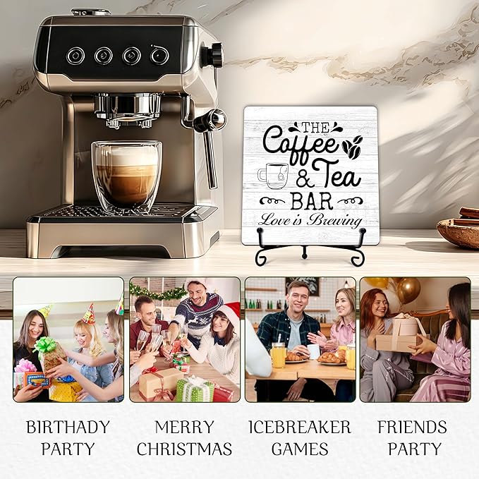 Coffee Bar Sign, Love is Brewing Farmhouse Tabletop Decor, Coffee and Tea Lover Gifts, 5x5 Wood Plaque with Iron Stand for Home Kitchen Cafe, Coffee Bar Decor – L09
