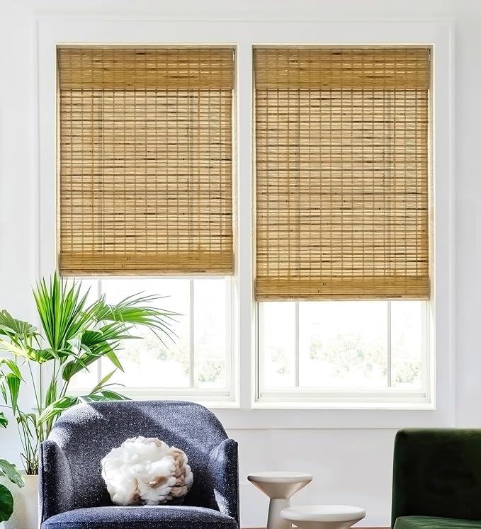 LazBlinds No Tools No Drill Cordless Bamboo Roman Shades, Light Filtering Window Treatment, Roll Up Bamboo Blinds for Windows 38'' W x 64'' H, Dali Native